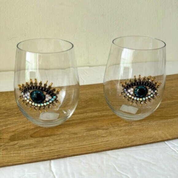 ! Rachel Zoe 2 Pc Jewel Rhinestone Hamsa Evil Eye Stemless Wine Glasses - Picture 5 of 10